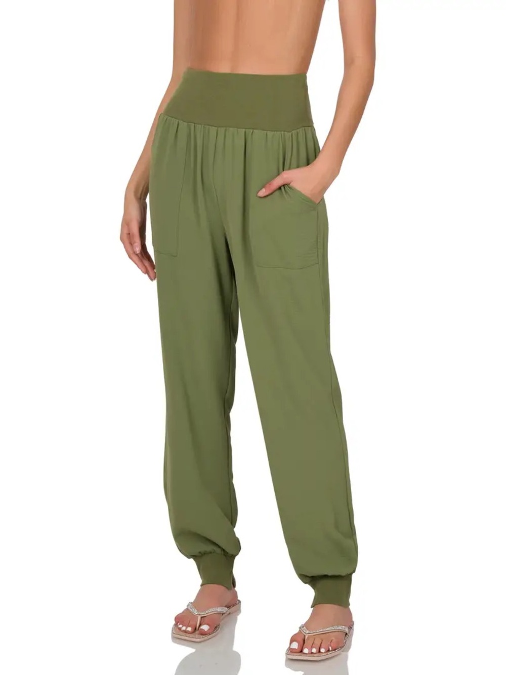 Zenana Outfitters Olive High-Waist Drawstring Joggers